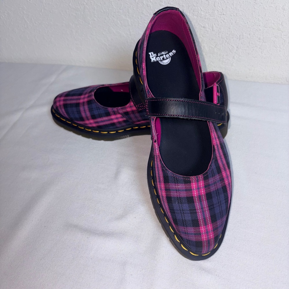 Dr. Martens Elphie MJ Size 9 Pink Purple Plaid Mary Jane Buckle Flats buckle new